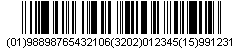 DataBar Expanded Barcode Encoding "(01)98898765432106(3202)012345(15)991231"